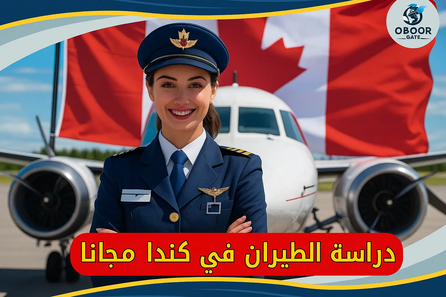 طالبة طيران كندية تقف أمام طائرة وخلفها علم كندا تمثل فرصة دراسة الطيران في كندا مجانا عبر منح دراسية ممولة بالكامل.