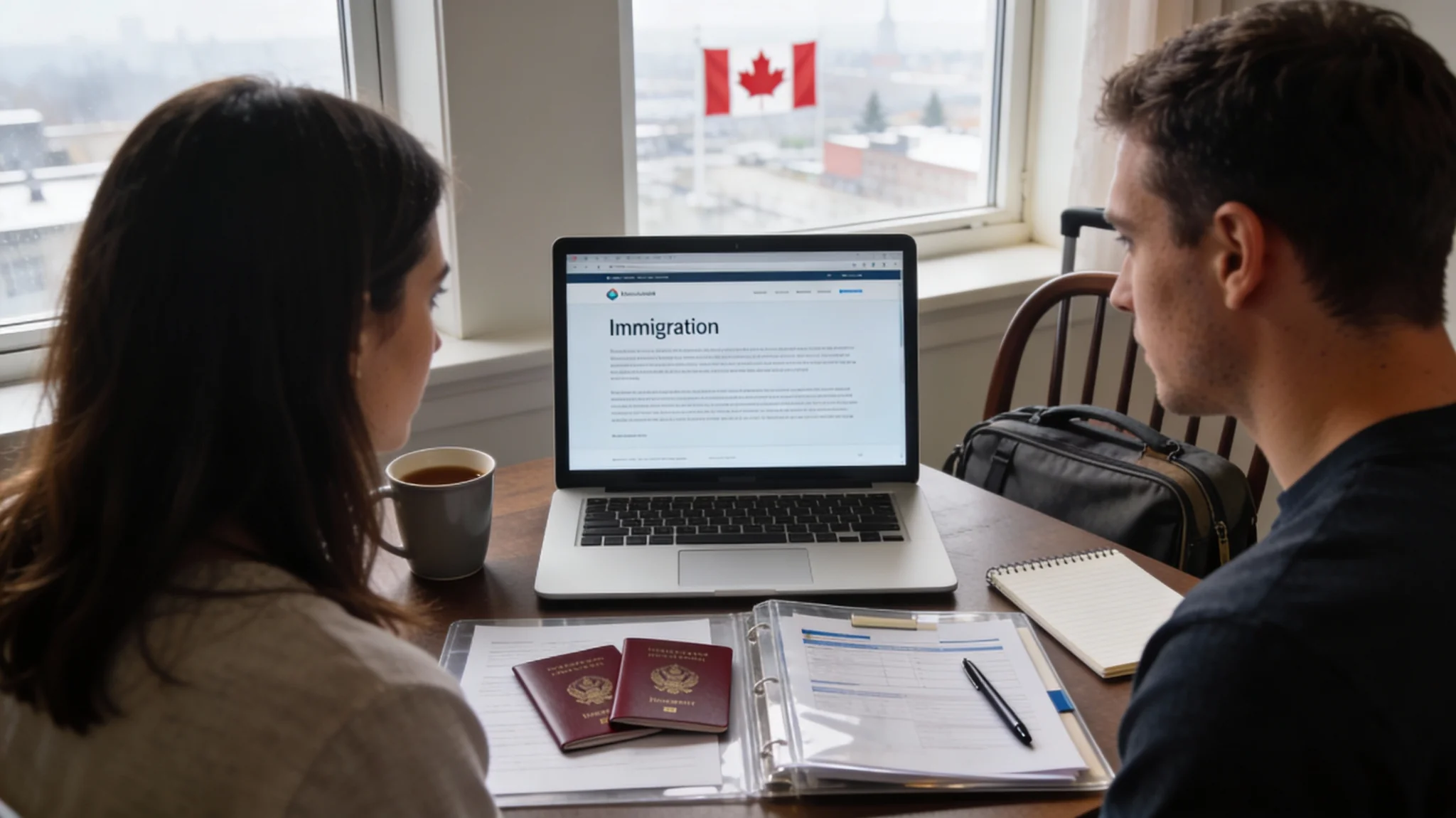 مشهد يوضح إجراءات الهجرة إلى كندا للمتزوجين مع جوازات السفر ونماذج الهجرة الرسمية