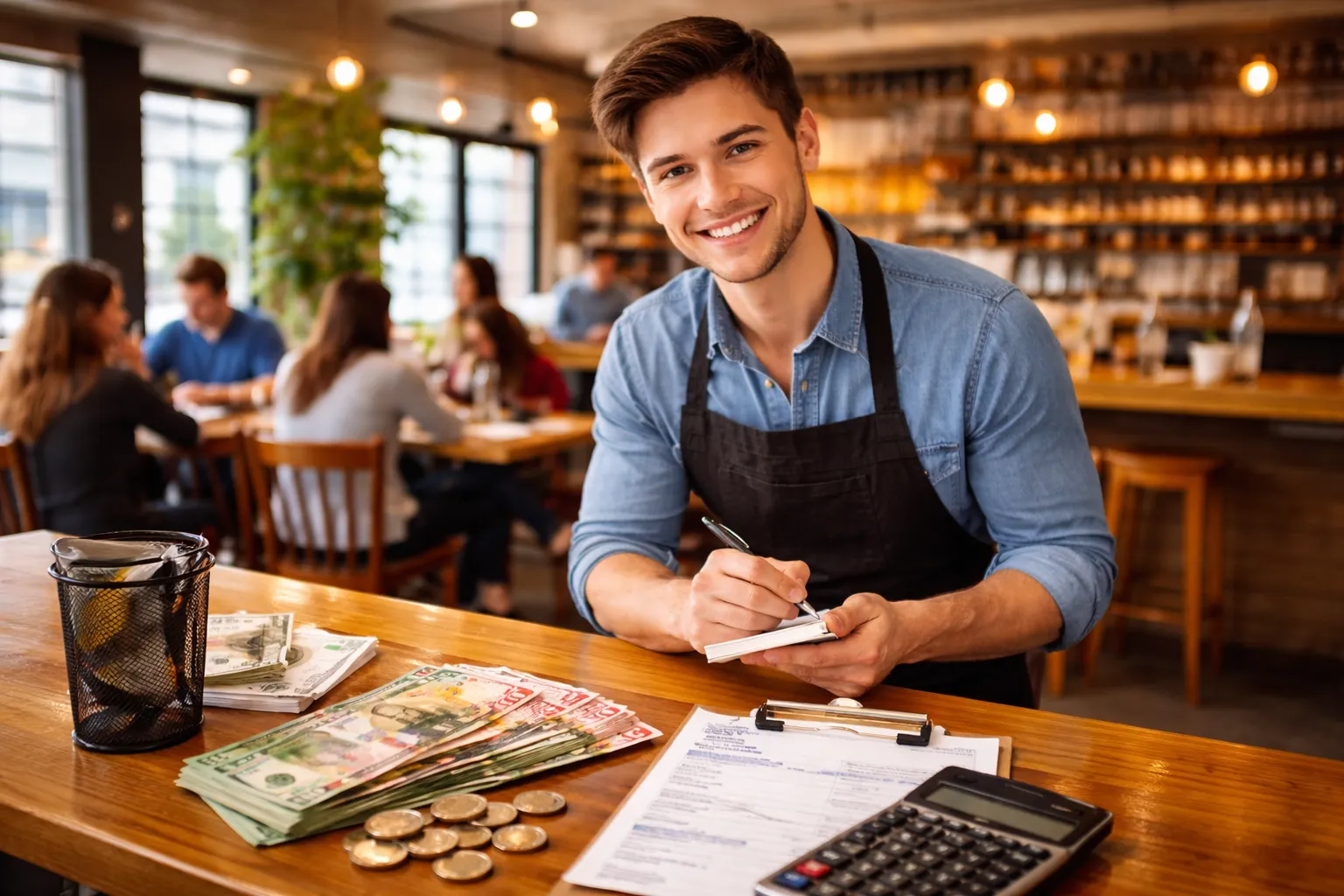 عامل مطعم كندي يقدم خدمة للزبائن مع ظهور النقود والبقشيش على الطاولة، يوضح رواتب عمال المطاعم في كندا وصافي الدخل بعد الخصومات.