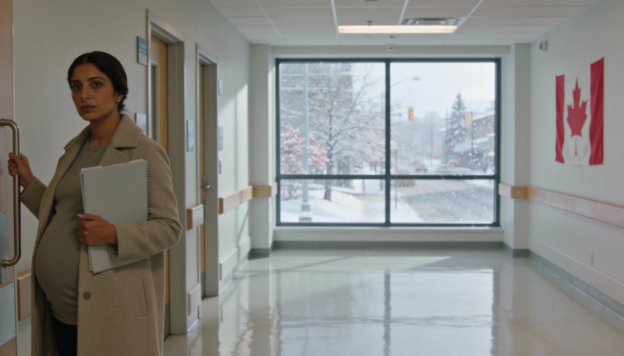 امرأة حامل داخل مستشفى يرمز إلى تجربة الولادة في كندا والخدمات الطبية المتاحة