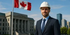 رجل يرتدي خوذة عمل واقف أمام مبنى رسمي وعلم كندا في صورة لاندسكيب تُستخدم لشرح تفاصيل فيزا كندا للعمل 2025.