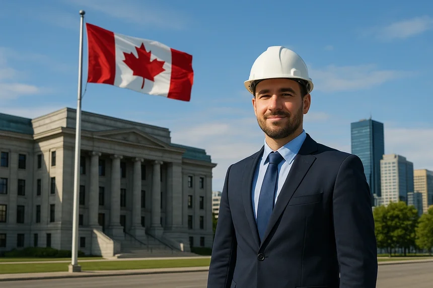 رجل يرتدي خوذة عمل واقف أمام مبنى رسمي وعلم كندا في صورة لاندسكيب تُستخدم لشرح تفاصيل فيزا كندا للعمل 2025.
