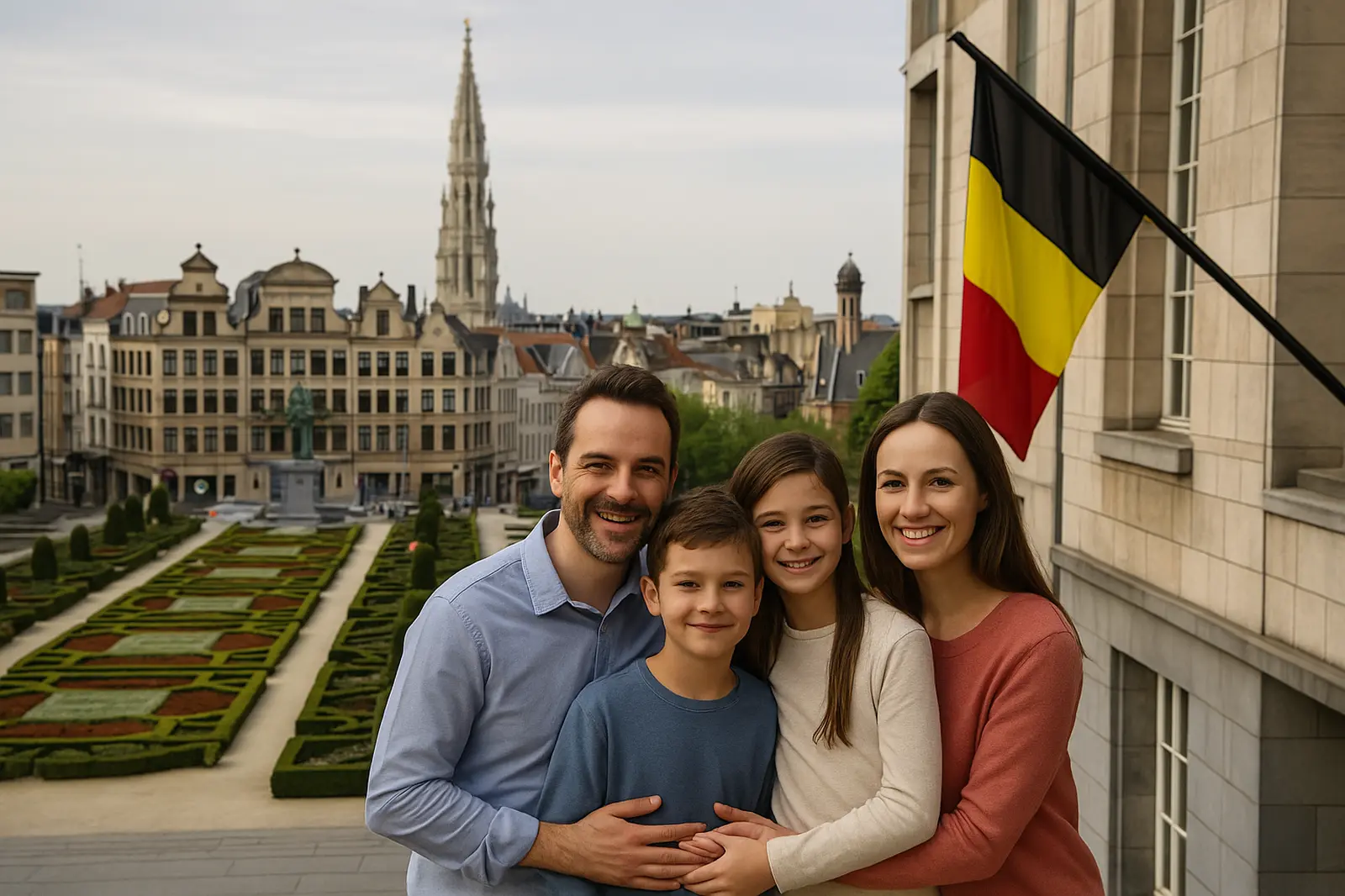 أسرة مكوّنة من أب وأم وطفلين تقف أمام معالم بروكسل مع العلم البلجيكي، في مشهد يرمز إلى لم الشمل في بلجيكا.