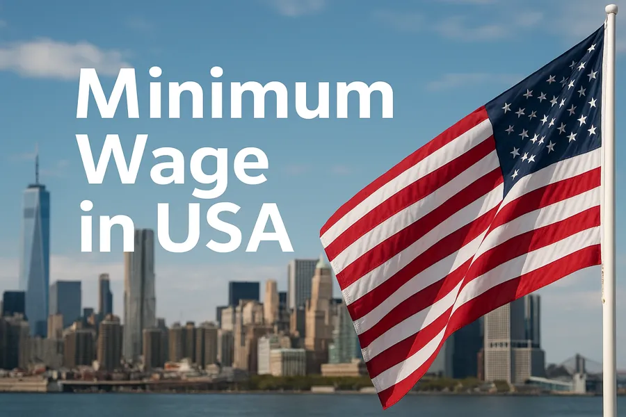 صورة يوضح الحد الادنى للاجور في امريكا لعام 2025 مع مقارنة بين الولايات ومعدل الأجر الفيدرالي.