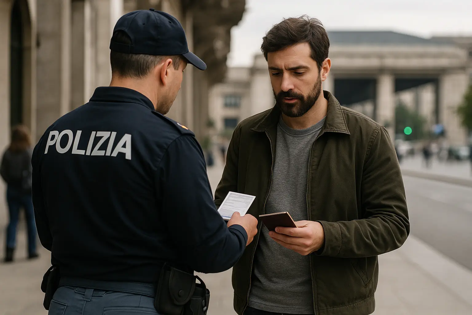 شرطي يفحص وثائق مقيم أثناء كنترول الإقامة في ايطاليا في أحد الشوارع.