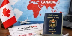 فيزا كندا للعراقيين مع جواز السفر العراقي ونموذج طلب تأشيرة كندا موضح أمام خريطة كندا