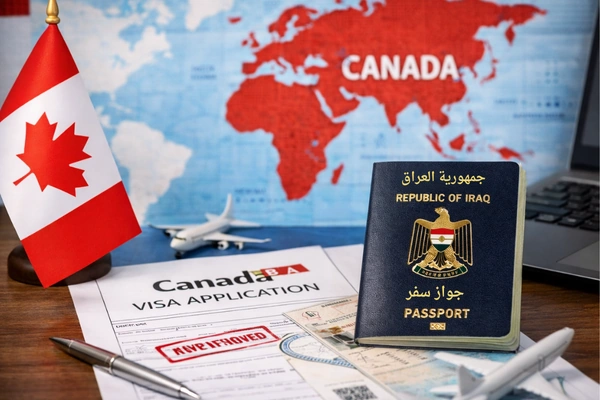 فيزا كندا للعراقيين مع جواز السفر العراقي ونموذج طلب تأشيرة كندا موضح أمام خريطة كندا
