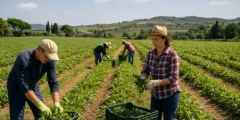 عمّال زراعة يعملون في حقل بإيطاليا خلال موسم الحصاد في إطار العمل في الفلاحة في إيطاليا