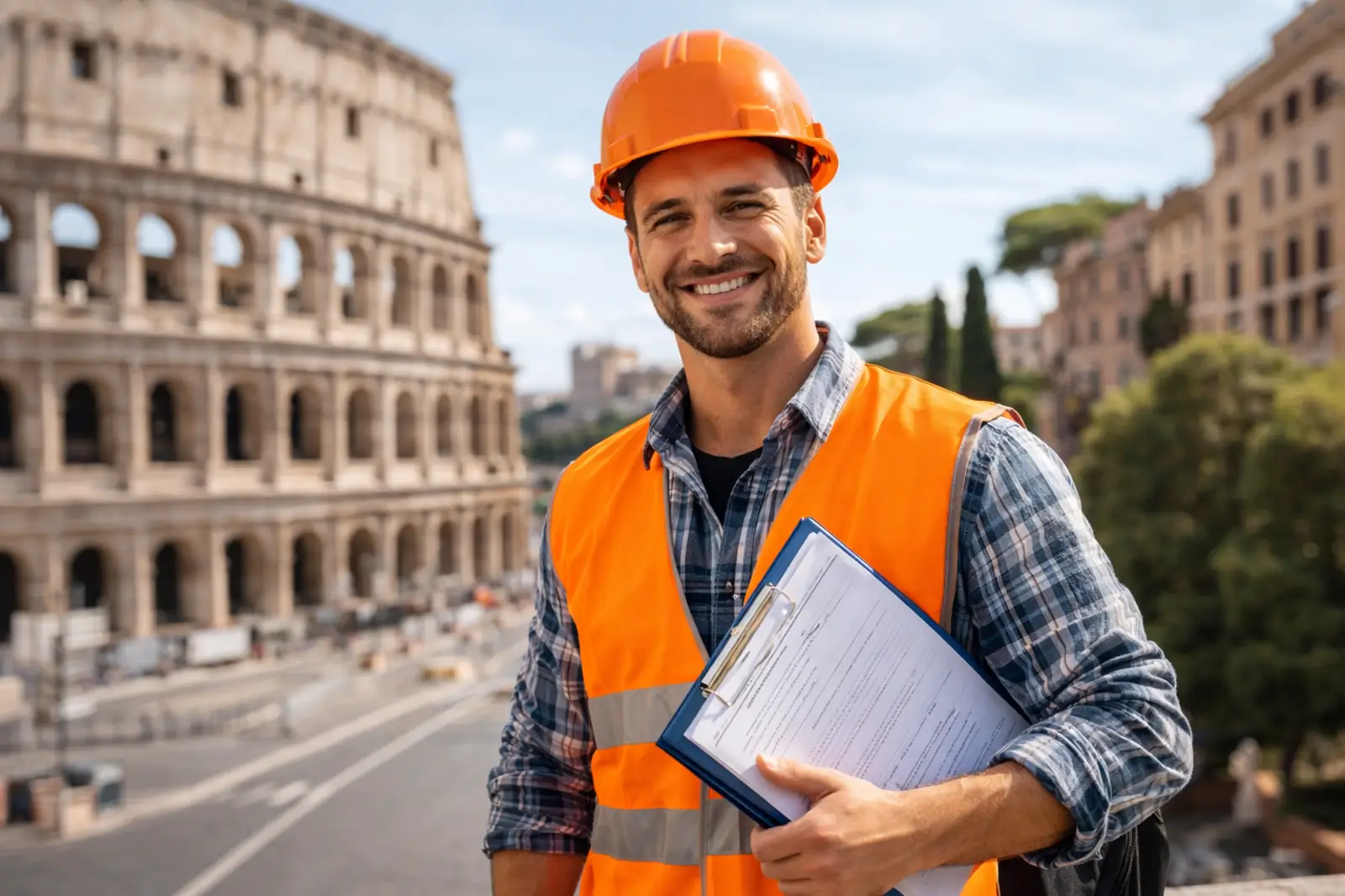 عامل في إيطاليا يحمل مستندات عمل في بيئة إيطالية تعبر عن عقود عمل ايطاليا بشكل قانوني