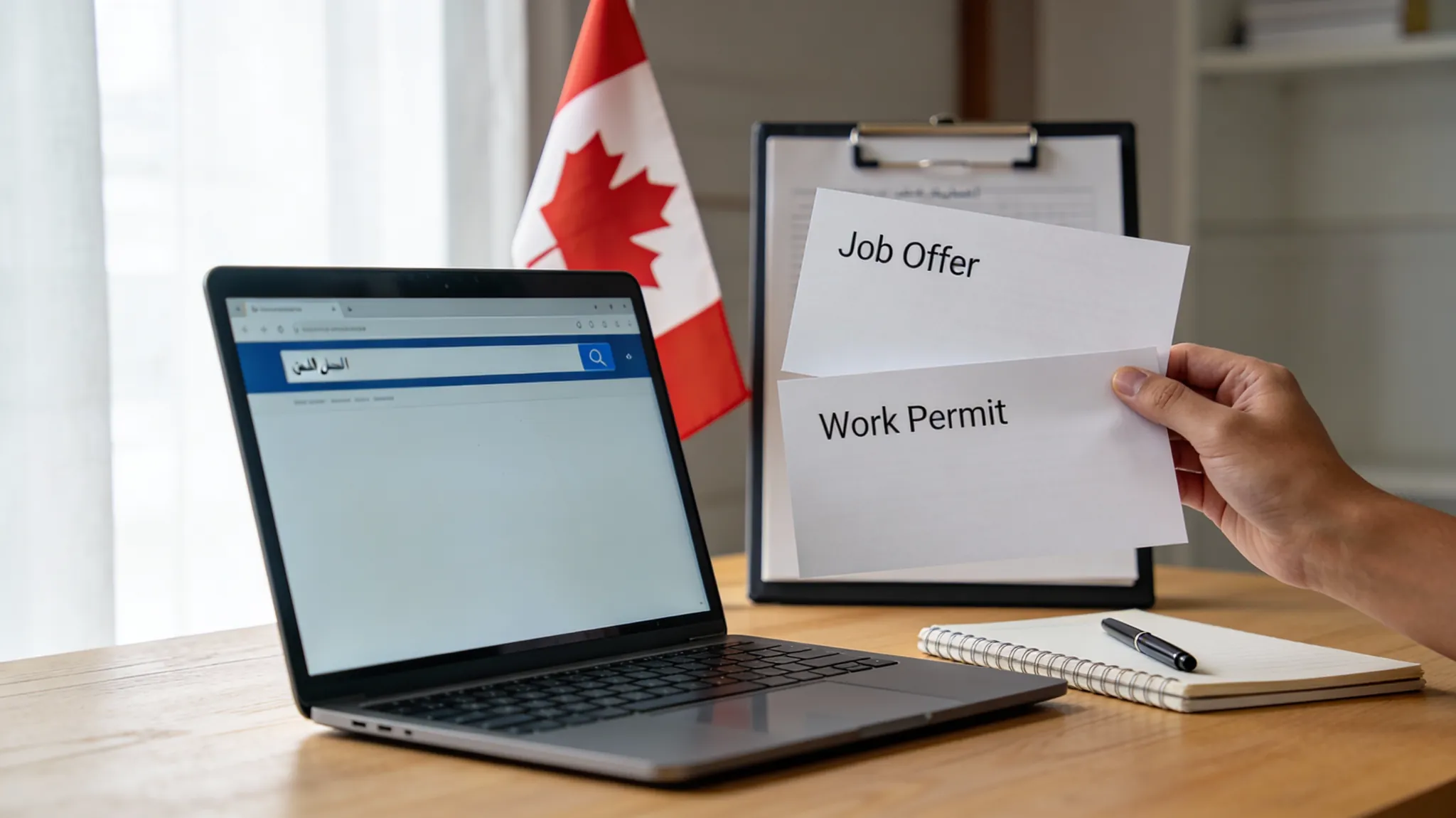 عقود عمل في كندا مع عرض وظيفة رسمي وتصريح عمل على مكتب وبجانب علم كندا