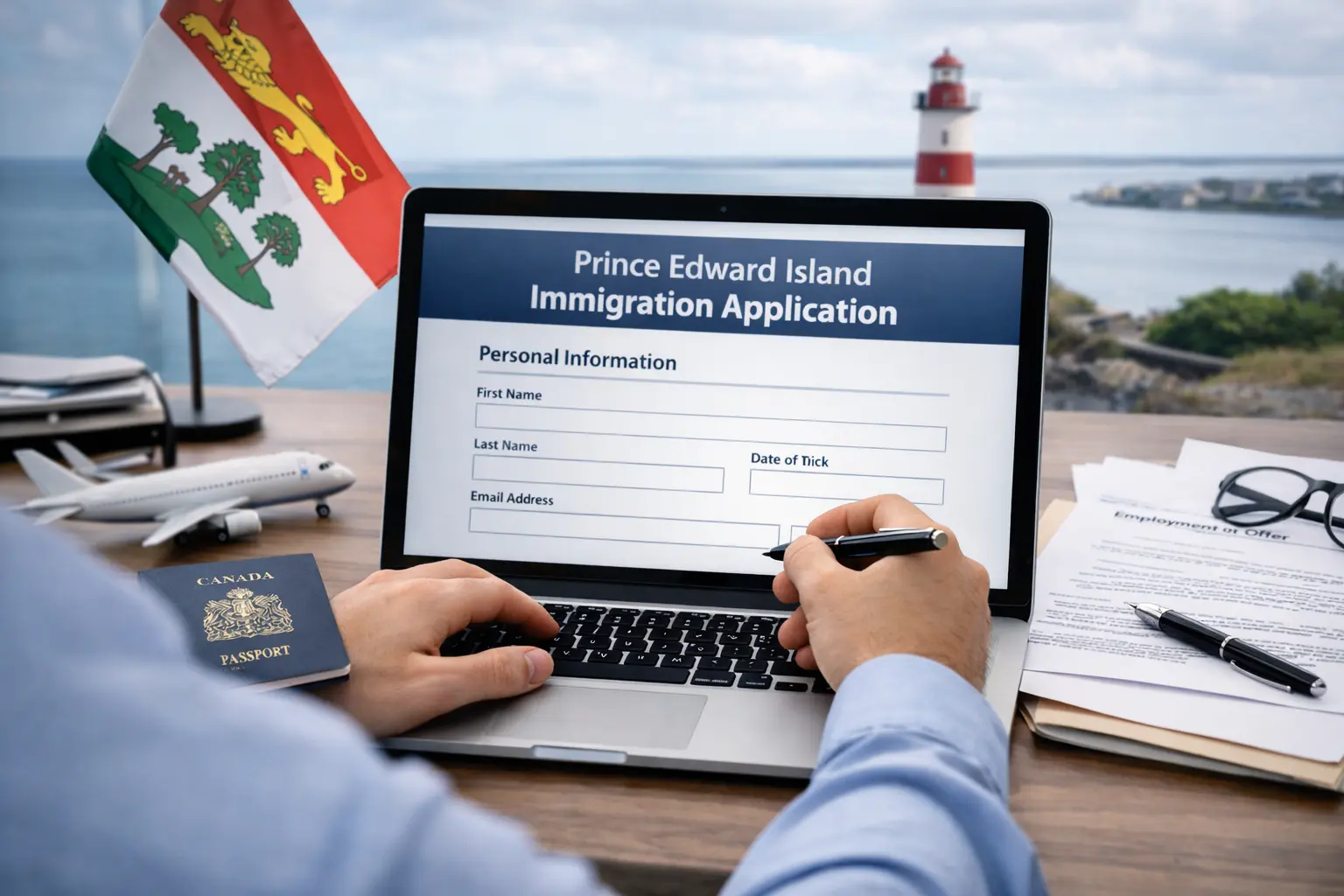 شخص يملأ استمارة تسجيل الهجرة إلى جزيرة الأمير إدوارد كندا على الكمبيوتر مع جواز سفر وأوراق رسمية