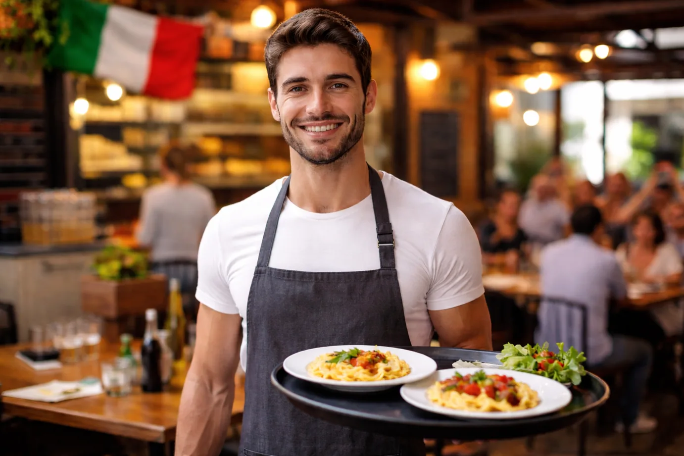 صورة لعامل مطعم أثناء العمل، توضّح طبيعة الوظيفة المرتبطة بموضوع راتب عامل المطعم في إيطاليا وساعات العمل اليومية