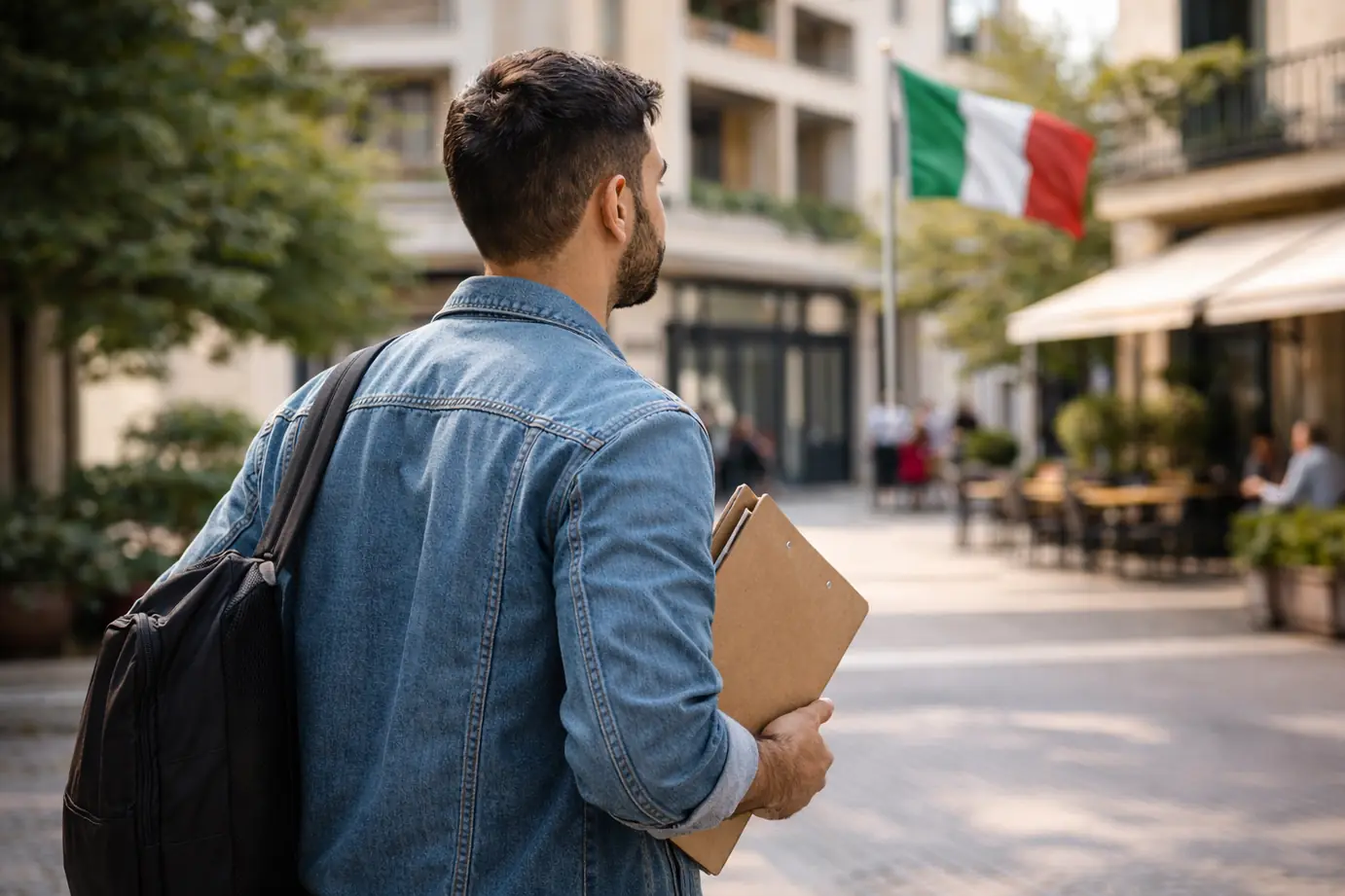 شخص يحمل ملف عمل في مدينة إيطالية في سياق يوضّح الرواتب في إيطاليا للاجئين وفرص العمل القانونية