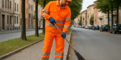 عامل نظافة يعمل في شارع عام داخل مدينة أوروبية في سياق يوضح راتب عامل النظافة في إيطاليا