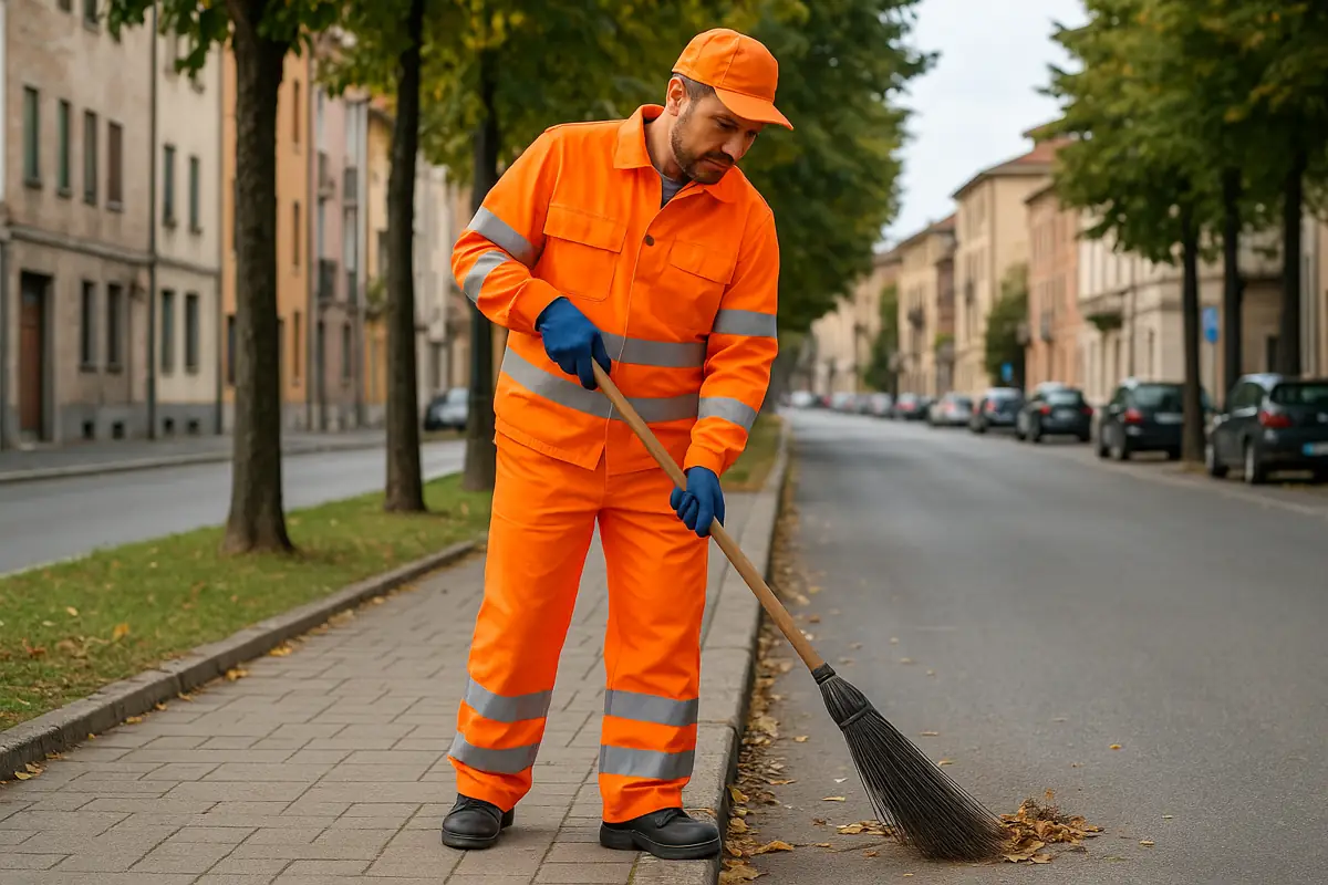 عامل نظافة يعمل في شارع عام داخل مدينة أوروبية في سياق يوضح راتب عامل النظافة في إيطاليا