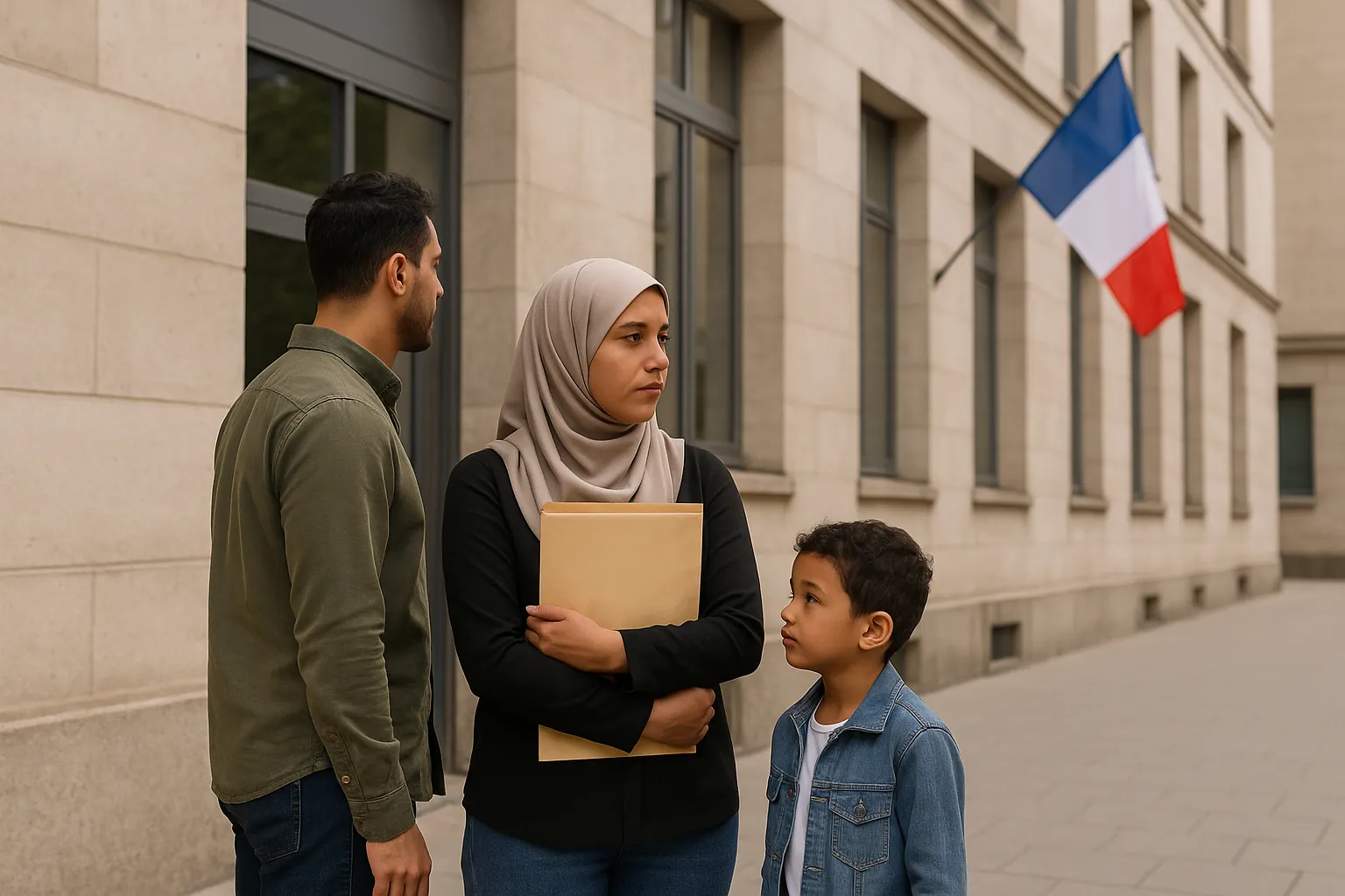 عائلة مهاجرة تقف أمام مبنى إداري في فرنسا أثناء انتظار قرار لم الشمل، في سياق يوضّح أسباب رفض لم الشمل في فرنسا والإجراءات القانونية المرتبطة بها.