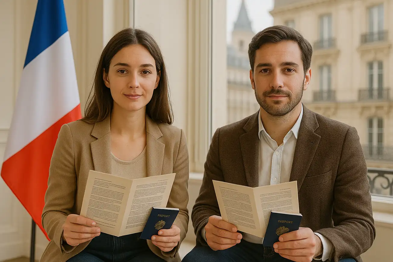 زوجان يحملان أوراق رسمية وجوازات سفر في سياق يوضح الأوراق المطلوبة لاستخراج فيزا فرنسا للمتزوجين وفق الإجراءات القانونية