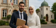 زوجان مسلمان أمام مبنى بلدية ومسجد في فرنسا يجهزان وثائق الزواج في فرنسا للمسلمين