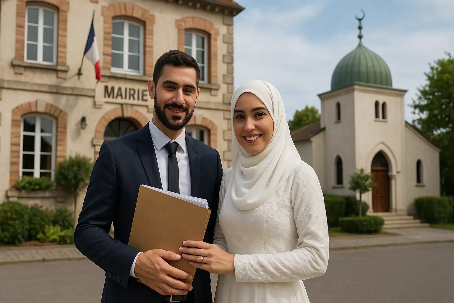 زوجان مسلمان أمام مبنى بلدية ومسجد في فرنسا يجهزان وثائق الزواج في فرنسا للمسلمين