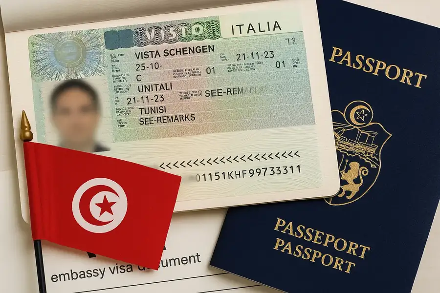 صورة توضيحية لتأشيرة شنغن الخاصة بـ فيزا ايطاليا تونس وجواز سفر للسفر إلى إيطاليا