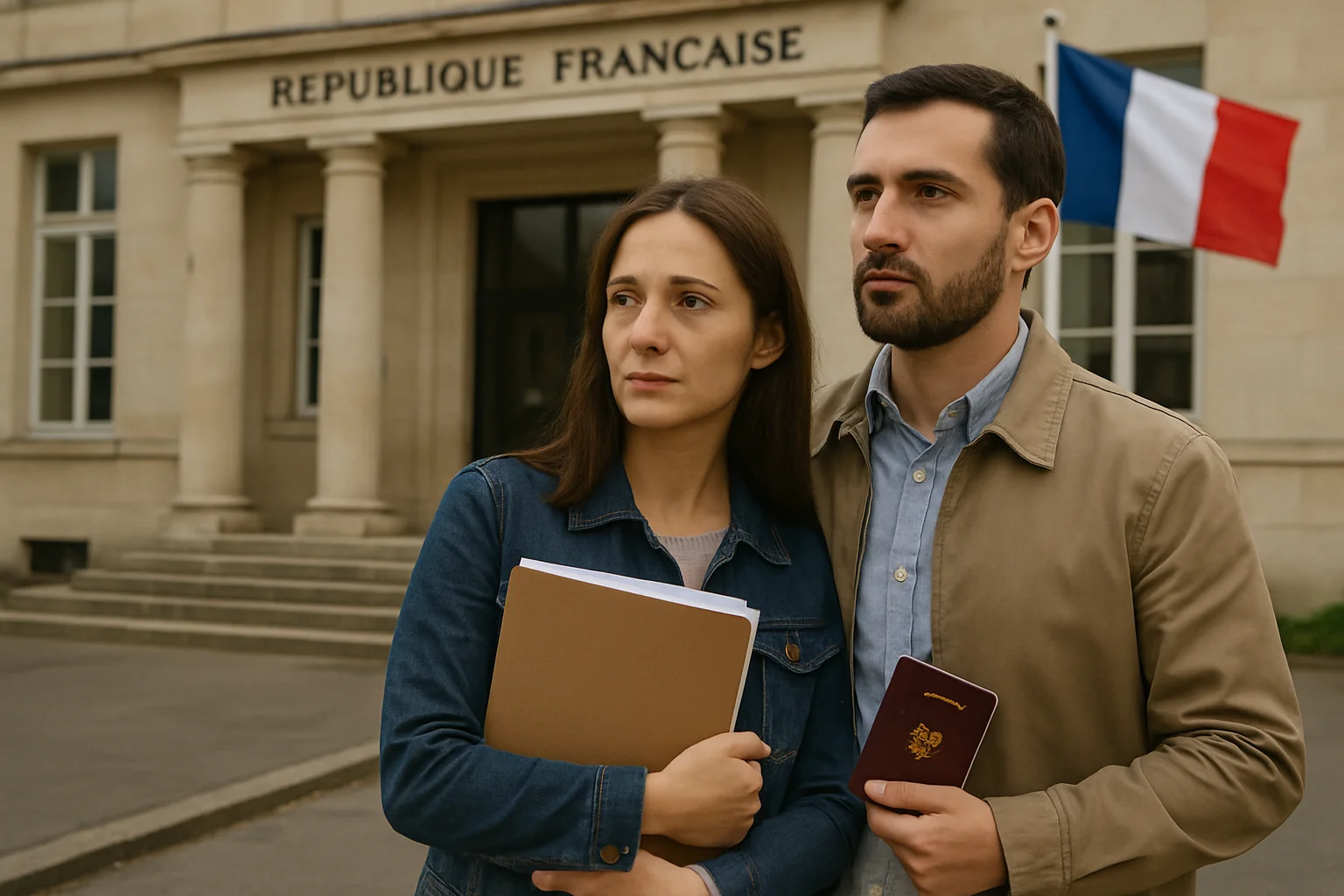 مشهد يوضح مدة الالتحاق بالزوج في فرنسا حيث ينتظر زوجان أمام مبنى حكومي فرنسي ضمن إجراءات الالتحاق الأسري.